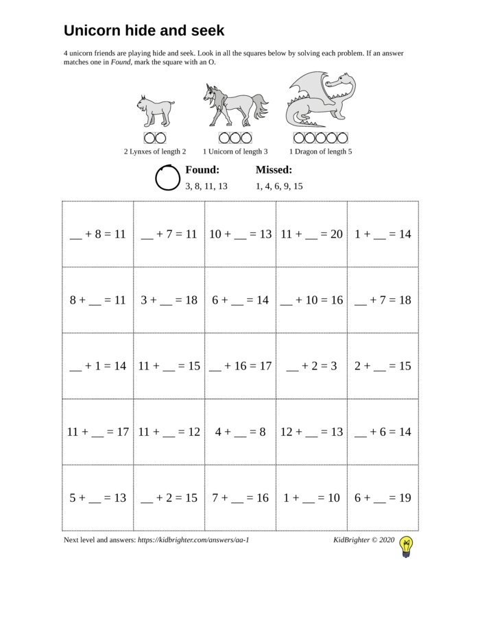 Thumbnail of An addition challenge work sheet for Grade 1.  Find unicorns on a 5 by 5 grid. v1