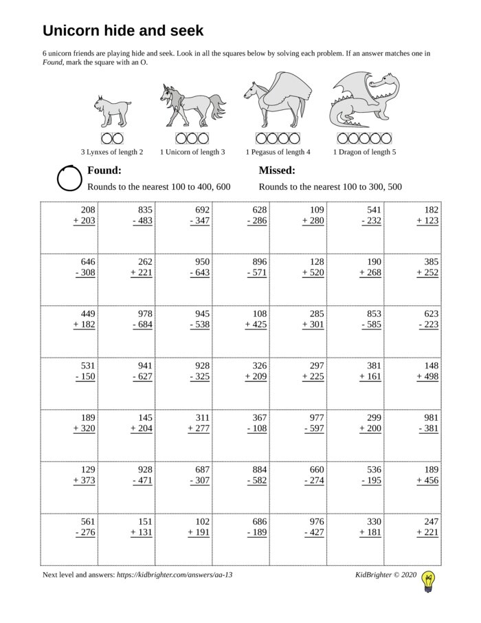 Preview of A mixed addition and subtraction challenge work sheet for Grade 3.  Find unicorns on a 7 by 7 grid. v1