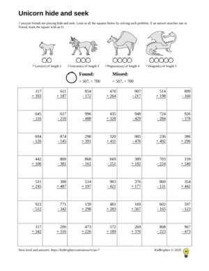 Worksheet Thumbnail A mixed addition and subtraction challenge work sheet for Grade 2.  Find unicorns on a 7 by 7 grid.