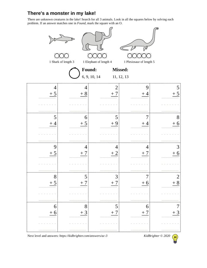 Thumbnail of An addition challenge work sheet for Grade 1.  Find nessie on a 5 by 5 grid. v1