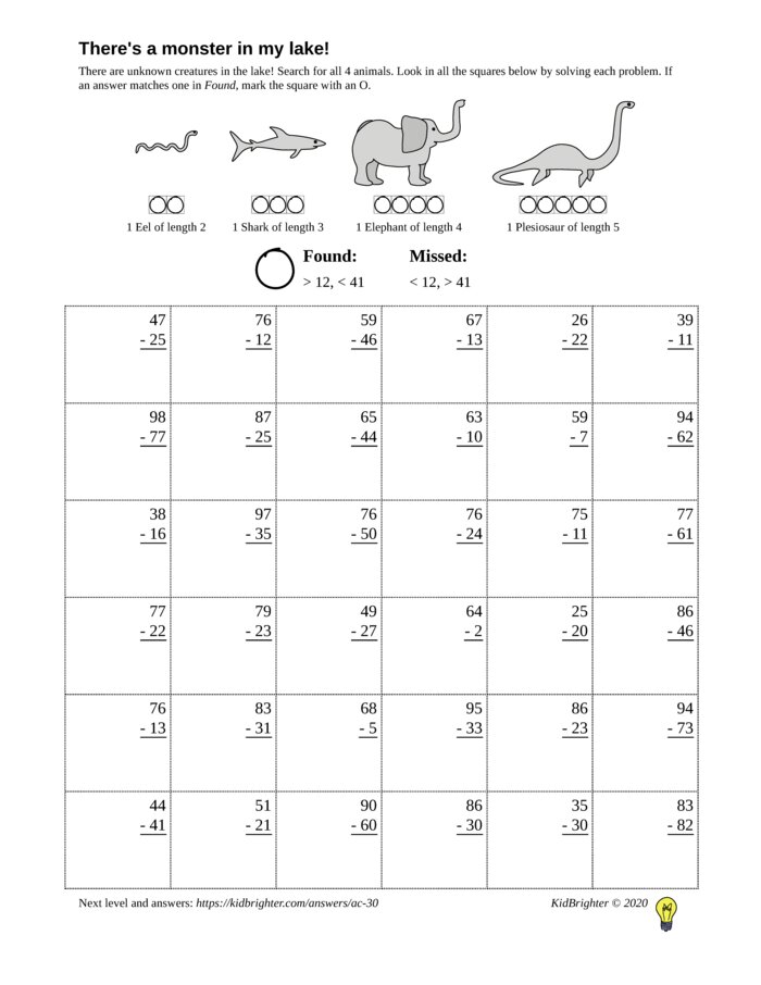 Thumbnail of A subtraction challenge work sheet for Grade 2.  Find nessie on a 6 by 6 grid. v1
