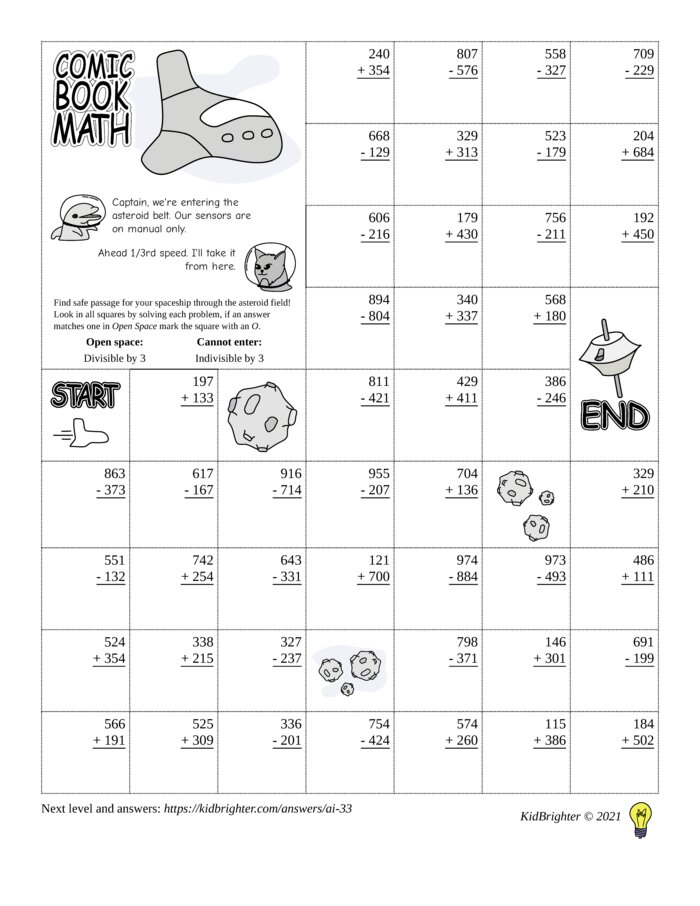Thumbnail of A mixed addition and subtraction challenge work sheet for Grade 2.  Find spaceships on a 7 by 9 grid. v1