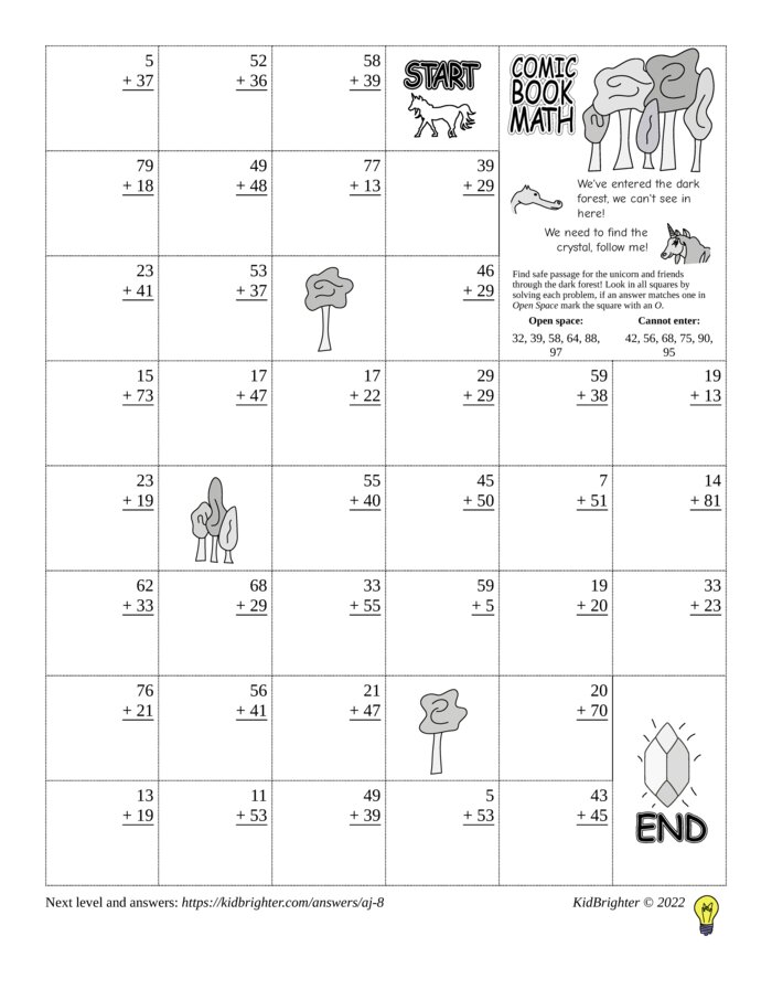 Preview of An addition challenge work sheet for Grade 2.  Find unicorns on a 6 by 8 grid. v1