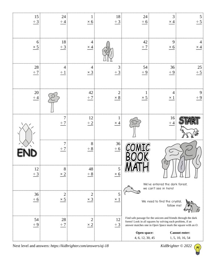 Thumbnail of A multiplication and division challenge work sheet for Grade 3.  Find unicorns on a 7 by 9 grid. v1