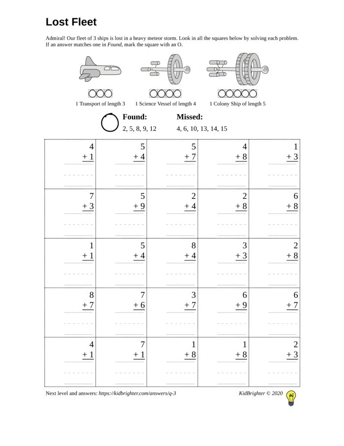 Preview of An addition challenge work sheet for Grade 1.  Find spaceships on a 5 by 5 grid. v1