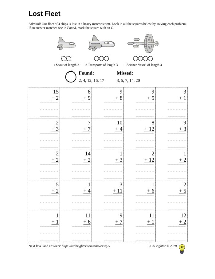 Thumbnail of An addition challenge work sheet for Grade 1.  Find spaceships on a 5 by 5 grid. v1