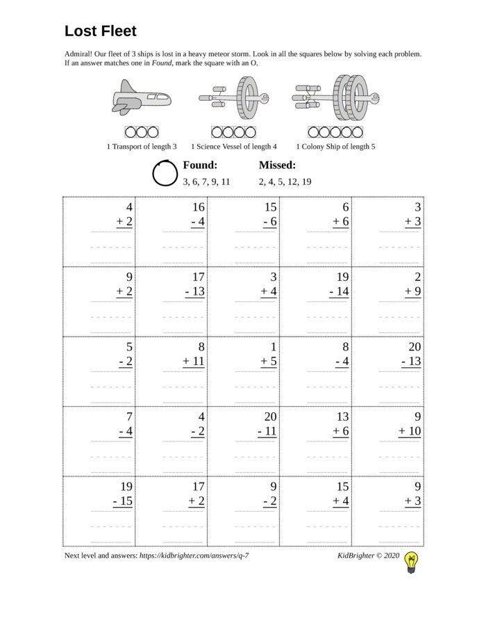 Thumbnail of A mixed addition and subtraction challenge work sheet for Grade 1.  Find spaceships on a 5 by 5 grid. v1