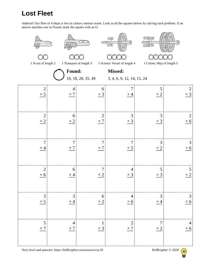 Thumbnail of A multiplication challenge work sheet for Grade 3.  Find spaceships on a 6 by 6 grid. v1