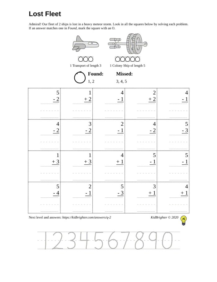 Thumbnail of A mixed addition and subtraction challenge work sheet for Kindergarten.  Find spaceships on a 5 by 4 grid. v1