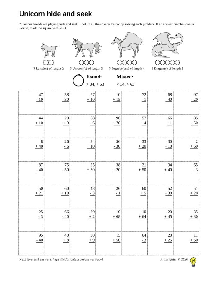 Preview of A mixed addition and subtraction challenge work sheet for Grade 1.  Find unicorns on a 7 by 7 grid. v1