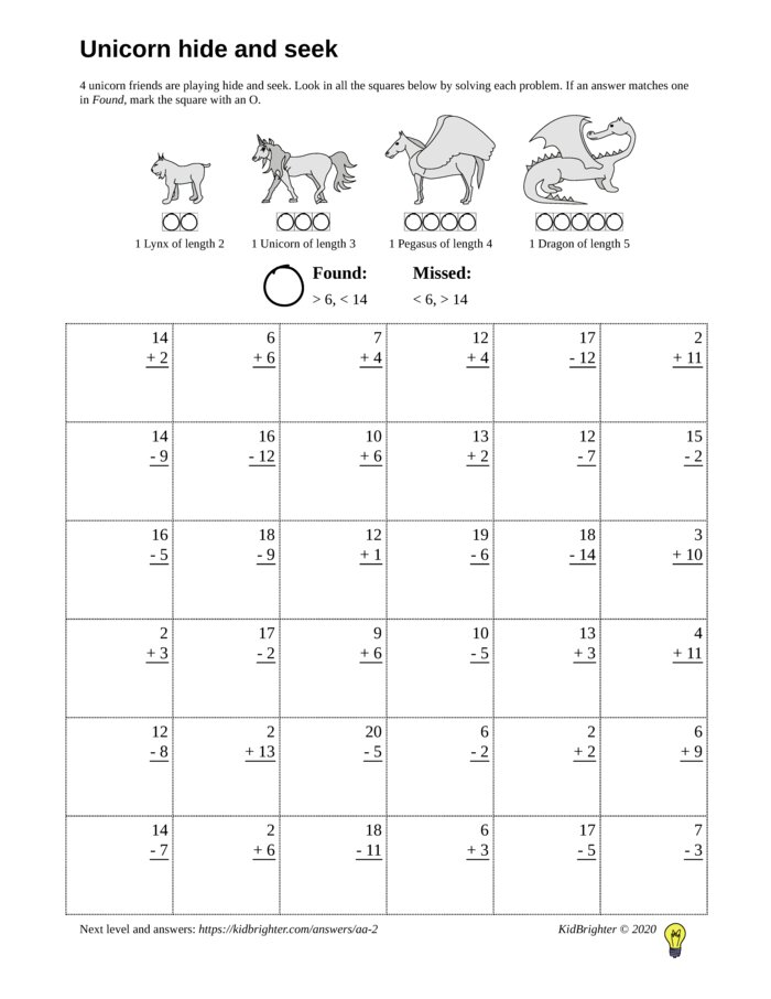 Preview of A mixed addition and subtraction challenge work sheet for Grade 1.  Find unicorns on a 6 by 6 grid. v1
