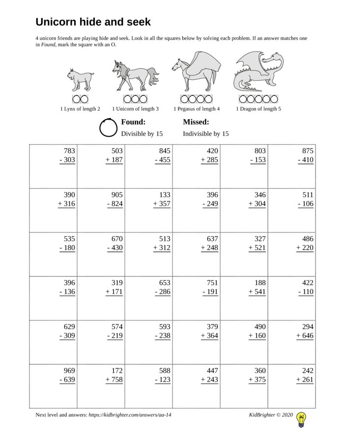 Thumbnail of A mixed addition and subtraction challenge work sheet for Grade 2.  Find unicorns on a 6 by 6 grid. v1