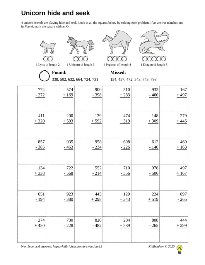 Thumbnail of A mixed addition and subtraction challenge work sheet for Grade 2.  Find unicorns on a 6 by 6 grid. v1