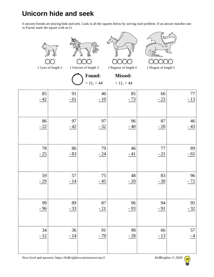 Thumbnail of A subtraction challenge work sheet for Grade 2.  Find unicorns on a 6 by 6 grid. v1