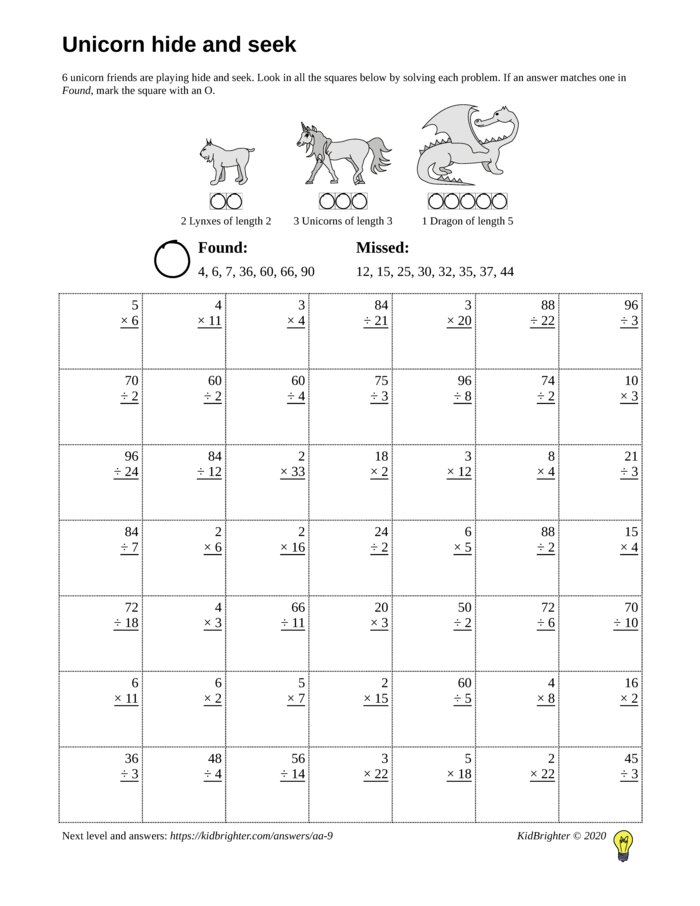 Thumbnail of A multiplication and division challenge work sheet for Grade 3.  Find unicorns on a 7 by 7 grid. v1