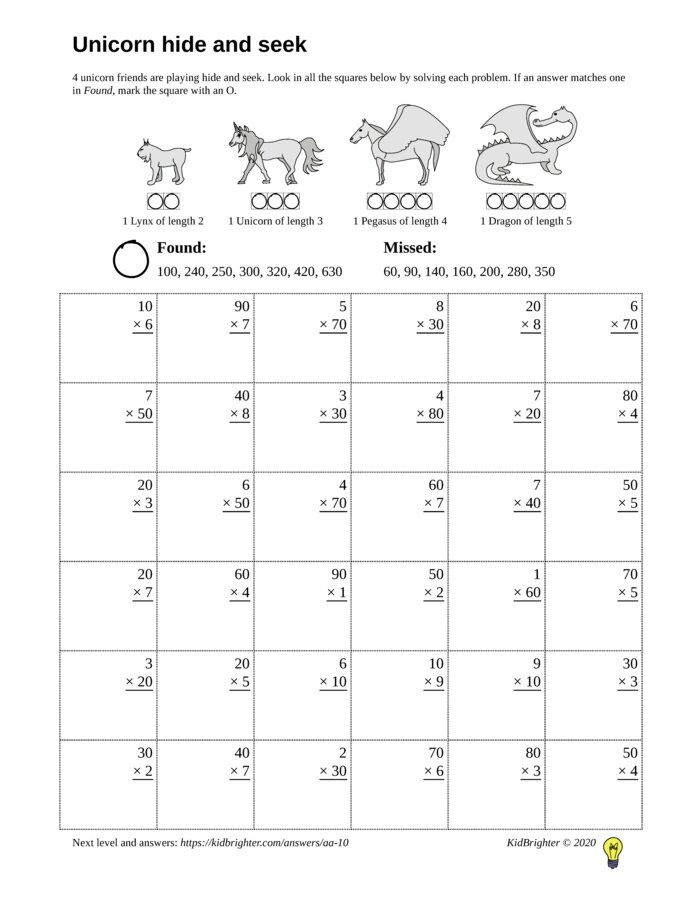 Thumbnail of A multiplication challenge work sheet for Grade 3.  Find unicorns on a 6 by 6 grid. v1