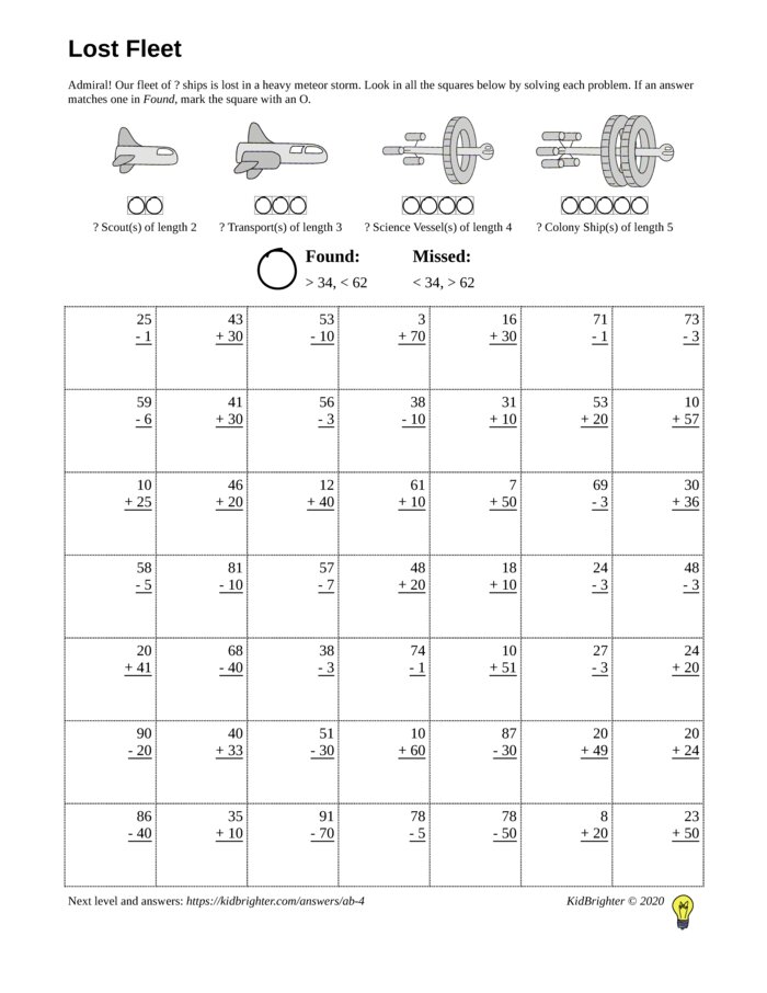 Preview of A mixed addition and subtraction challenge work sheet for Grade 1.  Find spaceships on a 7 by 7 grid. v1