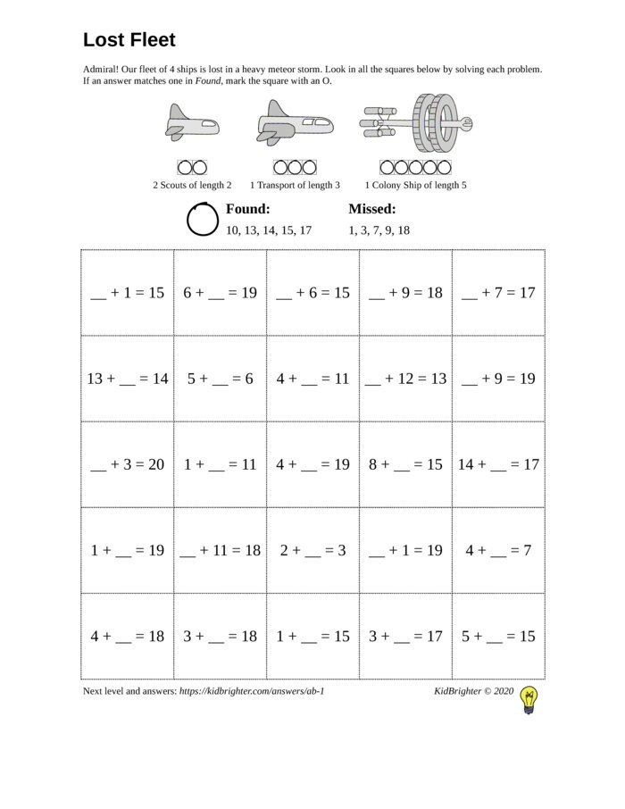 Thumbnail of An addition challenge work sheet for Grade 1.  Find spaceships on a 5 by 5 grid. v1