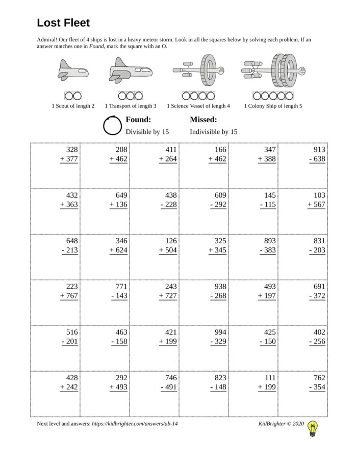 Preview of A mixed addition and subtraction challenge work sheet for Grade 2.  Find spaceships on a 6 by 6 grid. v1