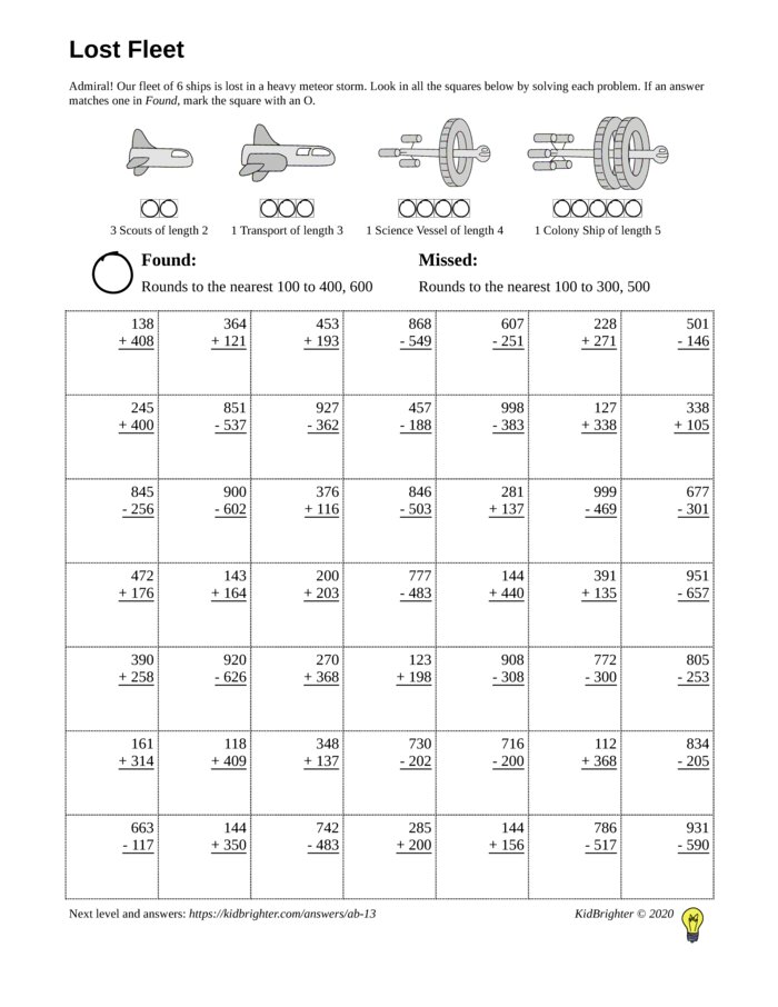 Preview of A mixed addition and subtraction challenge work sheet for Grade 3.  Find spaceships on a 7 by 7 grid. v1