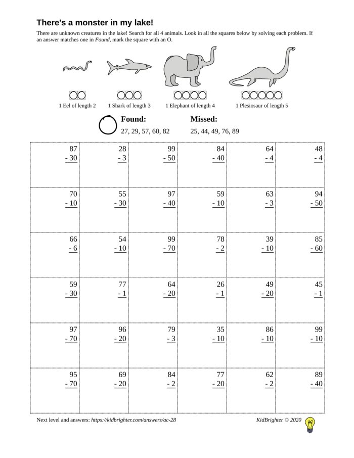 Preview of A subtraction challenge work sheet for Grade 1.  Find nessie on a 6 by 6 grid. v1