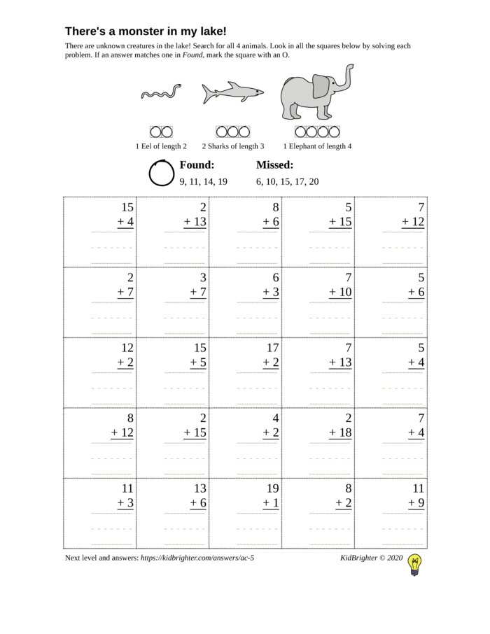 Preview of An addition challenge work sheet for Grade 1.  Find nessie on a 5 by 5 grid. v1