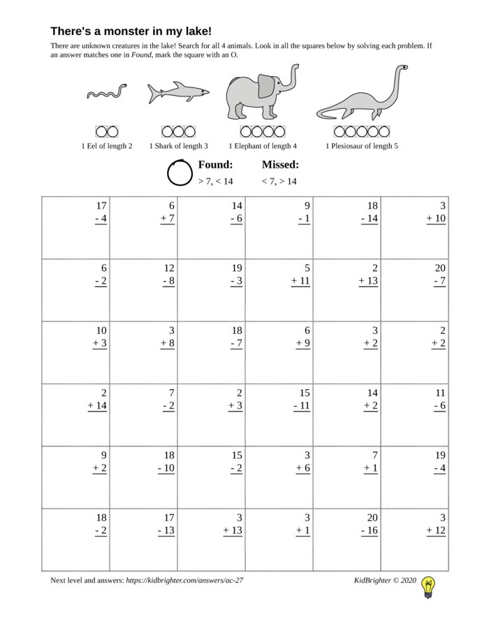 Preview of A mixed addition and subtraction challenge work sheet for Grade 1.  Find nessie on a 6 by 6 grid. v1