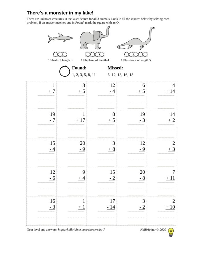 Thumbnail of A mixed addition and subtraction challenge work sheet for Grade 1.  Find nessie on a 5 by 5 grid. v1