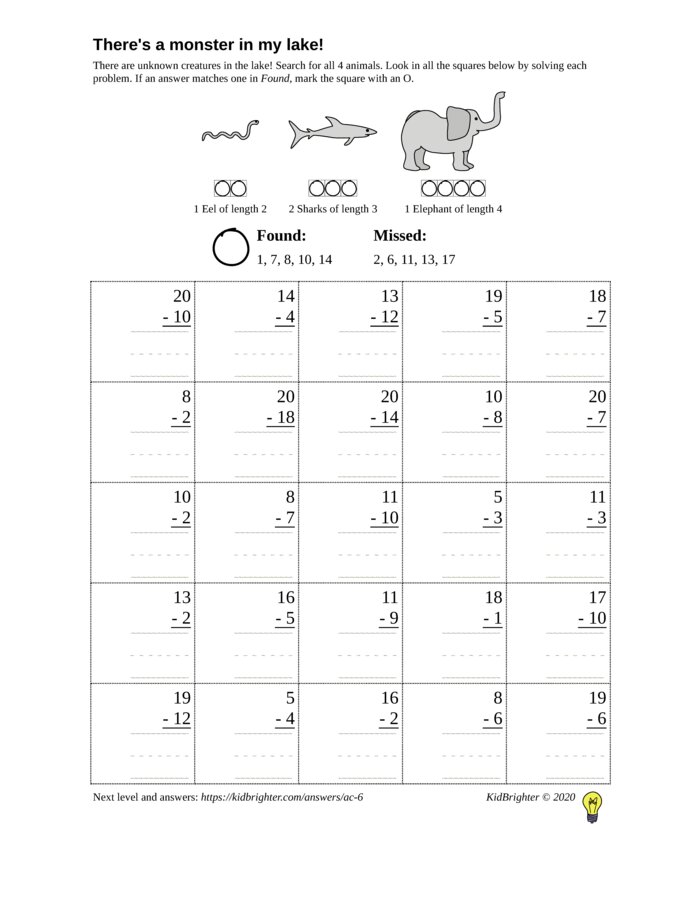 Preview of A subtraction challenge work sheet for Grade 1.  Find nessie on a 5 by 5 grid. v1