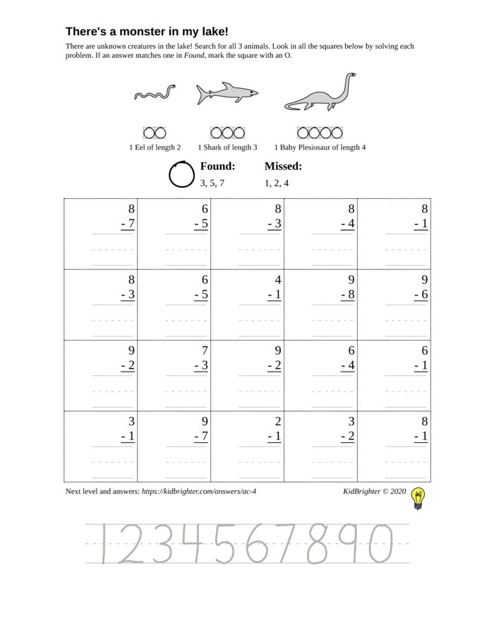 Thumbnail of A subtraction challenge work sheet for Grade 1.  Find nessie on a 5 by 4 grid. v1