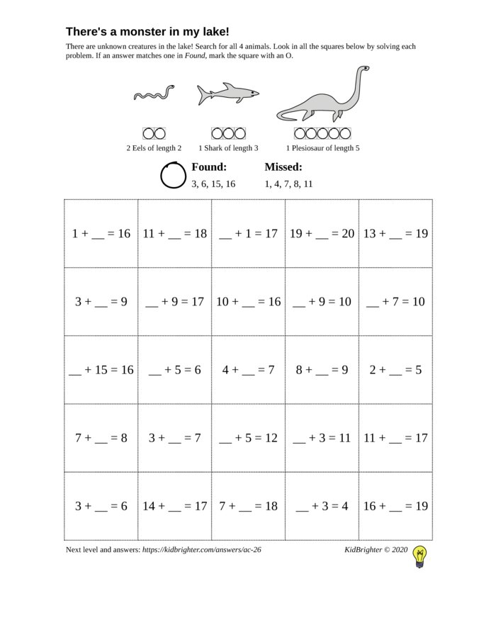 Preview of An addition challenge work sheet for Grade 1.  Find nessie on a 5 by 5 grid. v1