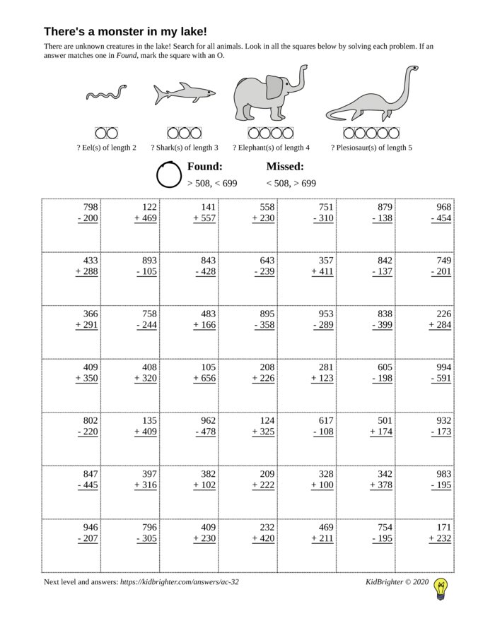 Preview of A mixed addition and subtraction challenge work sheet for Grade 2.  Find nessie on a 7 by 7 grid. v1