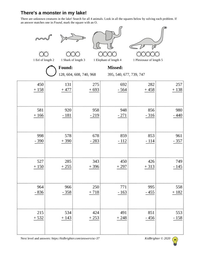 Thumbnail of A mixed addition and subtraction challenge work sheet for Grade 2.  Find nessie on a 6 by 6 grid. v1