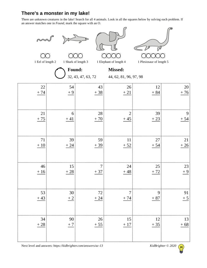 Preview of An addition challenge work sheet for Grade 2.  Find nessie on a 6 by 6 grid. v1