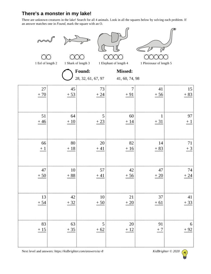 Thumbnail of An addition challenge work sheet for Grade 2.  Find nessie on a 6 by 6 grid. v1
