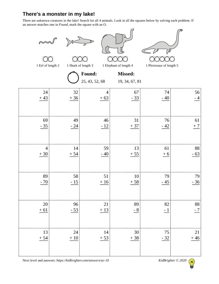 Preview of A mixed addition and subtraction challenge work sheet for Grade 2.  Find nessie on a 6 by 6 grid. v1