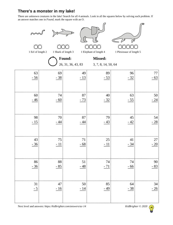 Preview of A subtraction challenge work sheet for Grade 2.  Find nessie on a 6 by 6 grid. v1