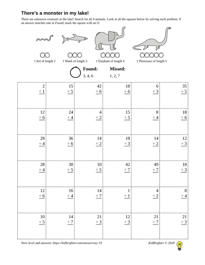 Preview of A division challenge work sheet for Grade 3.  Find nessie on a 6 by 6 grid. v1