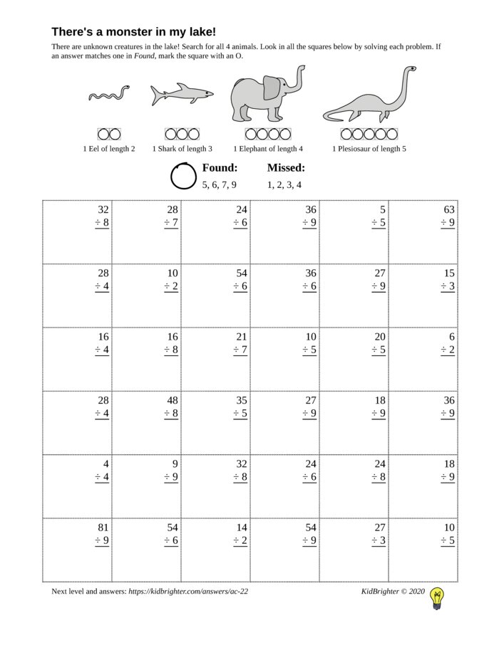 Preview of A division challenge work sheet for Grade 3.  Find nessie on a 6 by 6 grid. v1