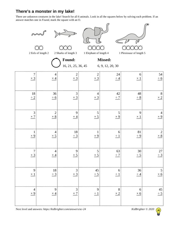 Preview of A multiplication and division challenge work sheet for Grade 3.  Find nessie on a 7 by 7 grid. v1