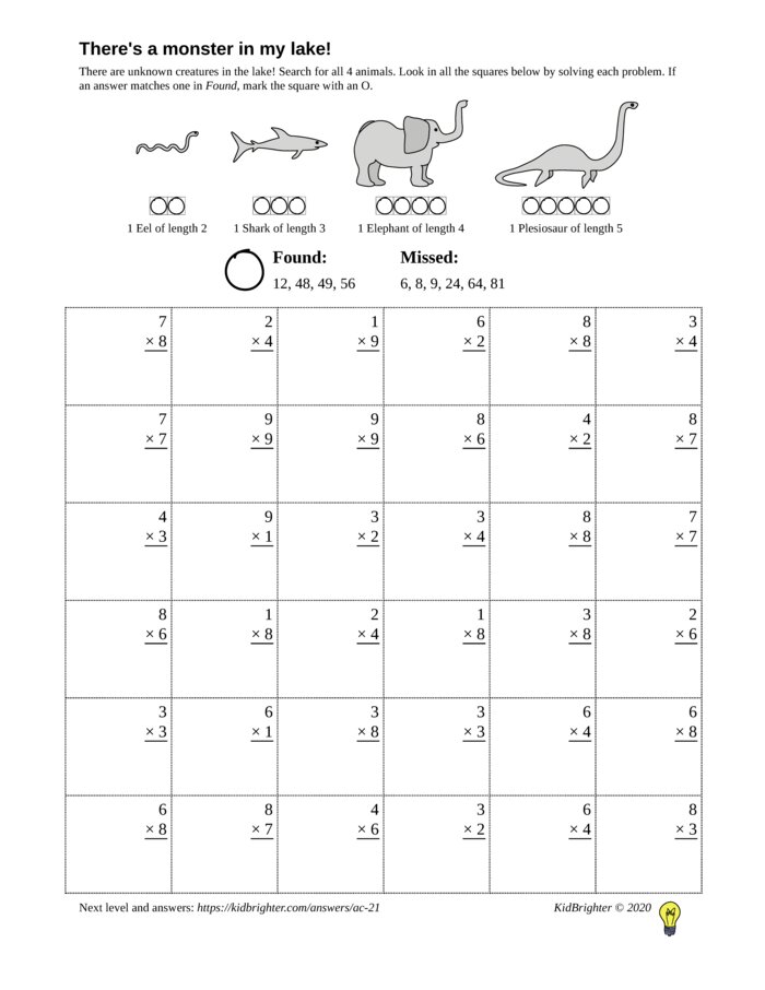 Thumbnail of A multiplication challenge work sheet for Grade 3.  Find nessie on a 6 by 6 grid. v1
