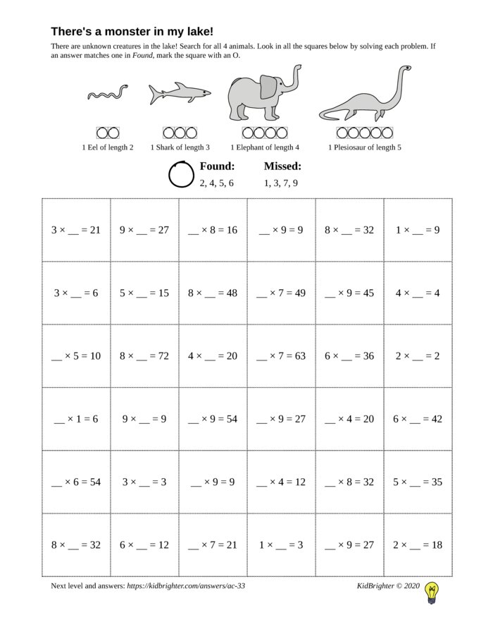Preview of A multiplication challenge work sheet for Grade 3.  Find nessie on a 6 by 6 grid. v1
