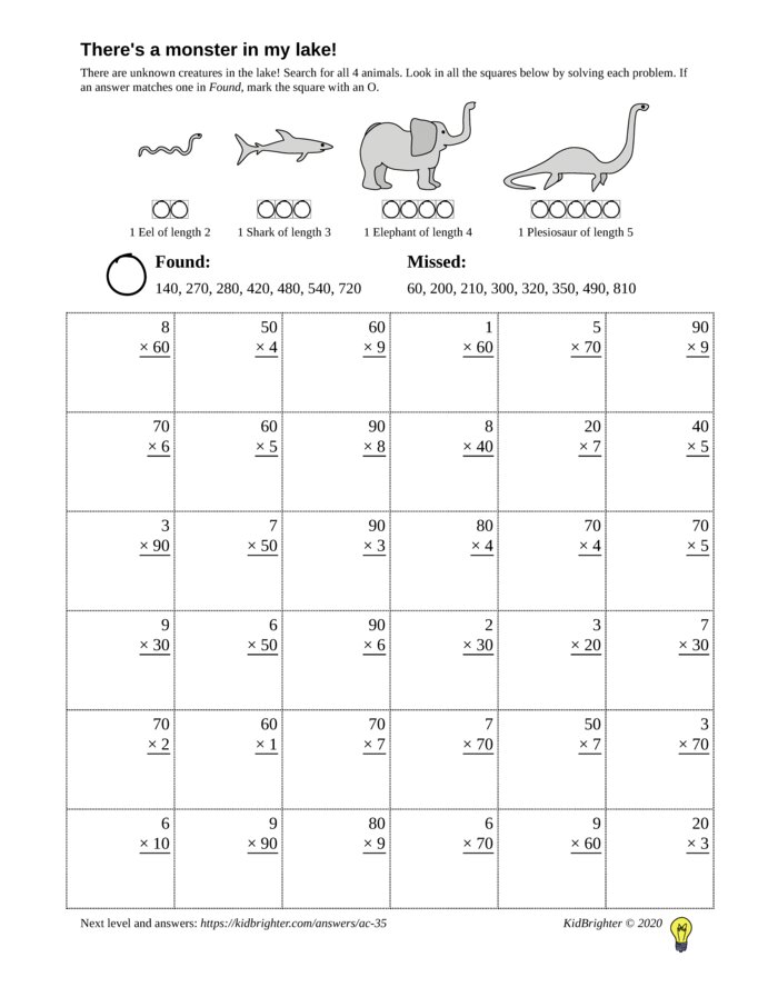 Preview of A multiplication challenge work sheet for Grade 3.  Find nessie on a 6 by 6 grid. v1