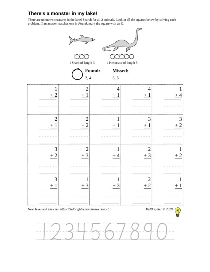 Preview of An addition challenge work sheet for Kindergarten.  Find nessie on a 5 by 4 grid. v1