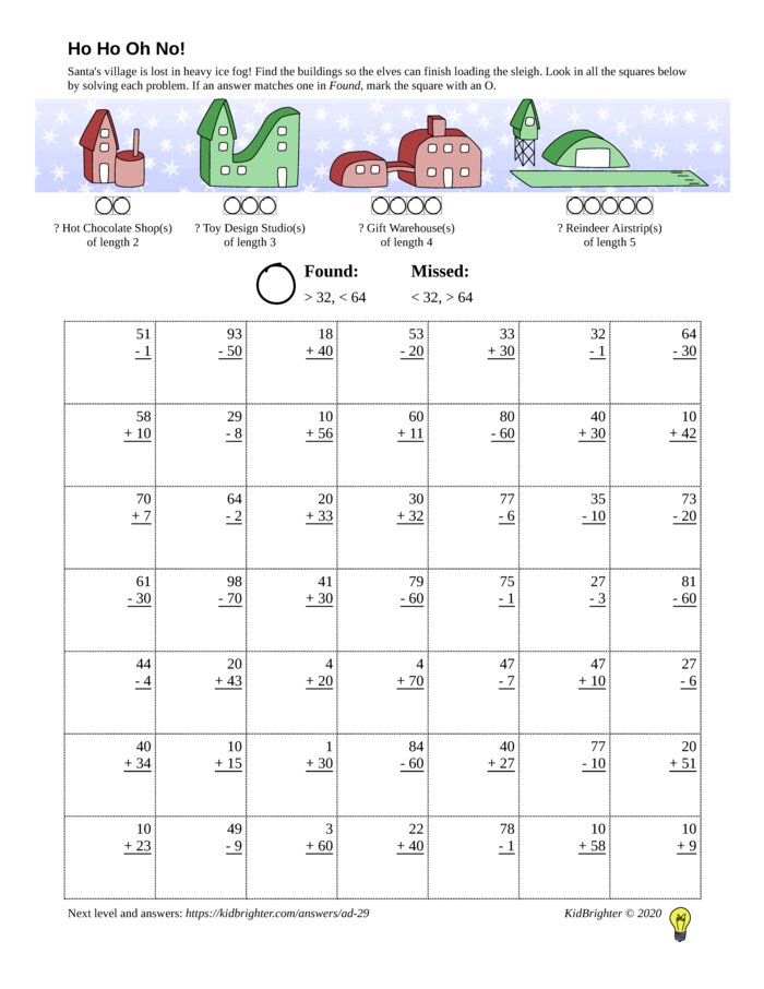 Thumbnail of A mixed addition and subtraction challenge work sheet for Grade 1.  Find santa on a 7 by 7 grid. v1