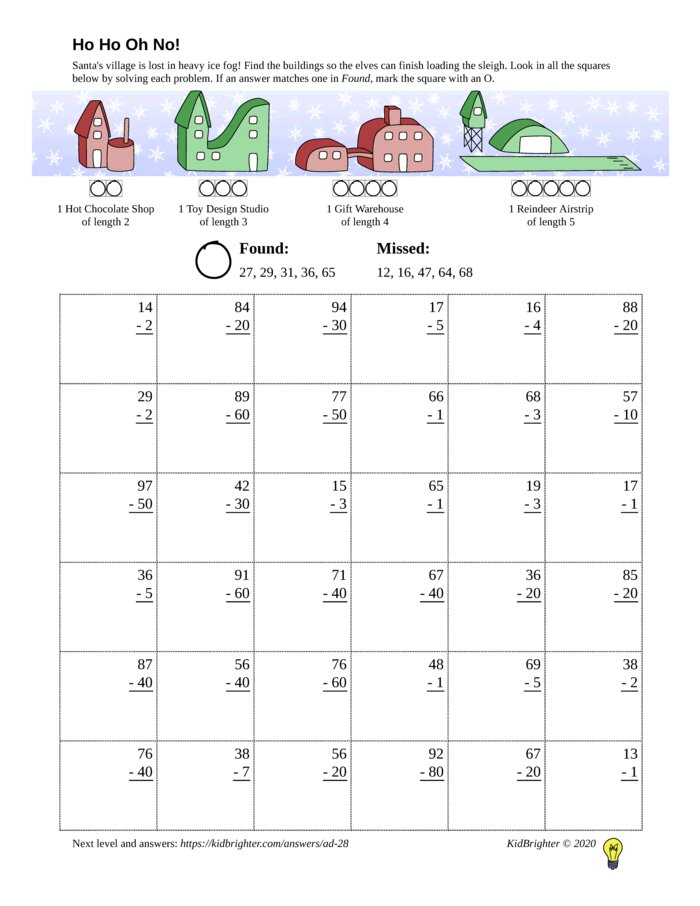 Preview of A subtraction challenge work sheet for Grade 1.  Find santa on a 6 by 6 grid. v1