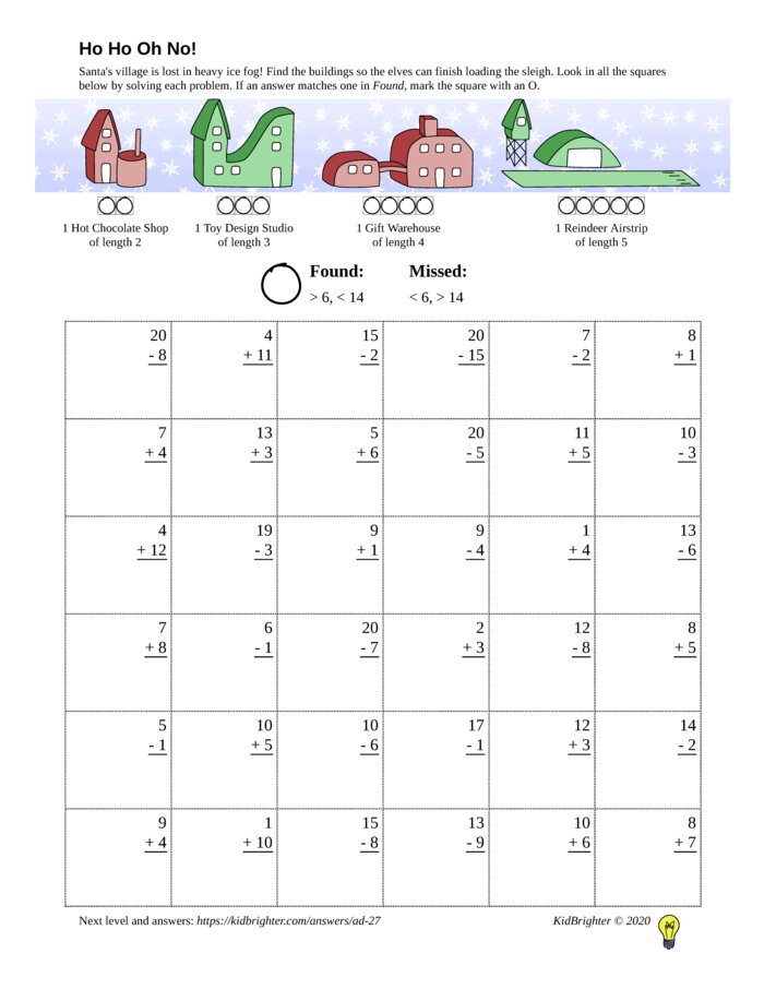 Preview of A mixed addition and subtraction challenge work sheet for Grade 1.  Find santa on a 6 by 6 grid. v1