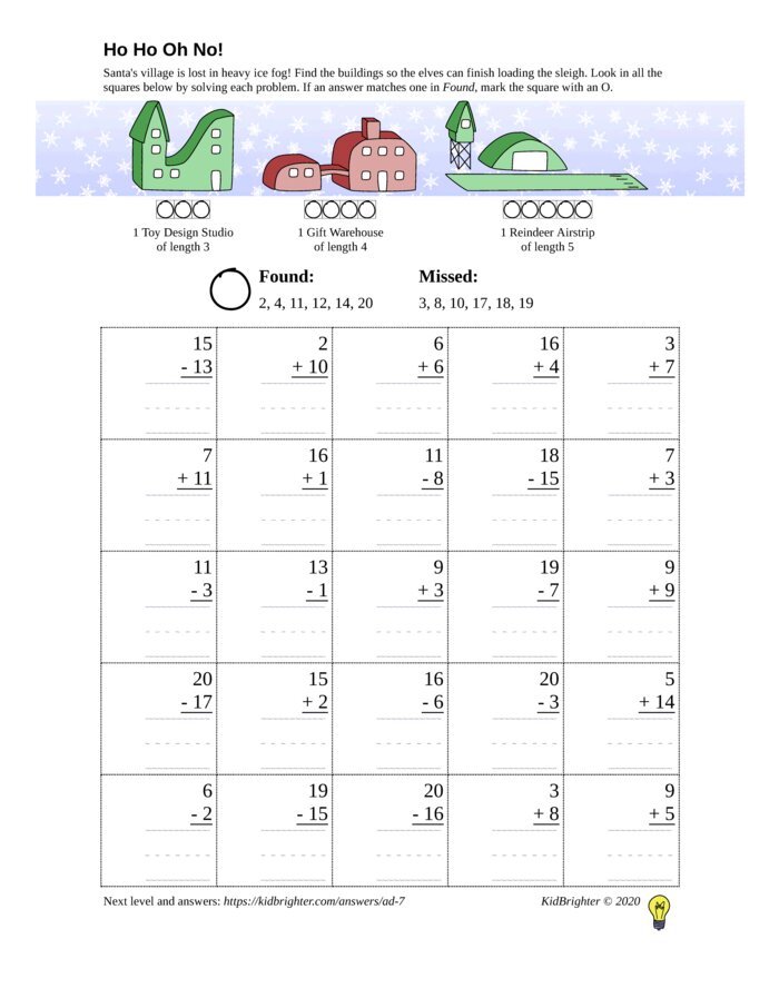 Preview of A mixed addition and subtraction challenge work sheet for Grade 1.  Find santa on a 5 by 5 grid. v1