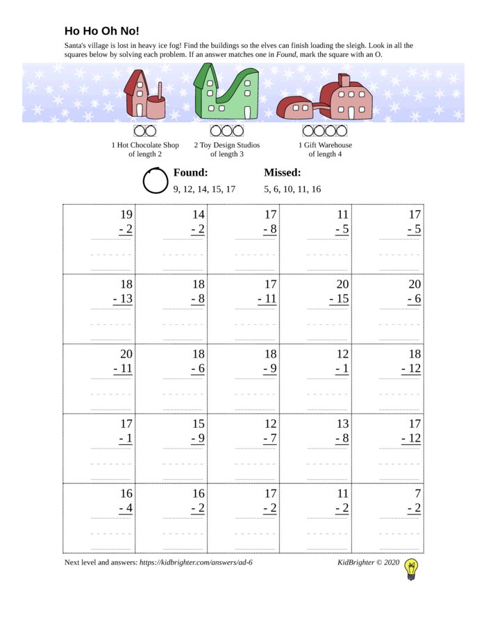Thumbnail of A subtraction challenge work sheet for Grade 1.  Find santa on a 5 by 5 grid. v1