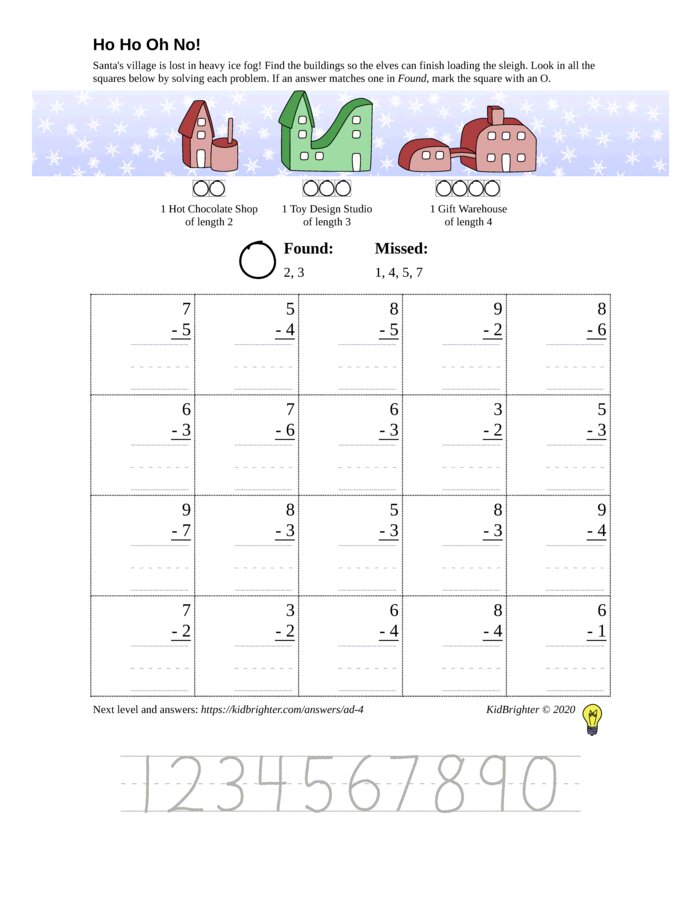 Thumbnail of A subtraction challenge work sheet for Grade 1.  Find santa on a 5 by 4 grid. v1